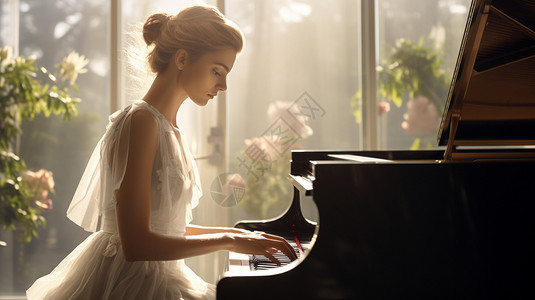 唯美钢琴优雅复古的年轻女子背景