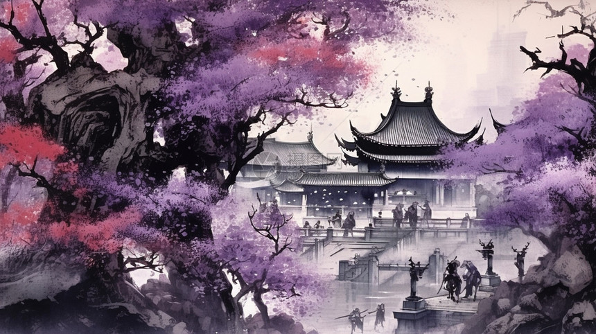 盛开的紫藤树古代水墨画图片