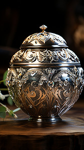 精致雕刻的银色茶壶图片
