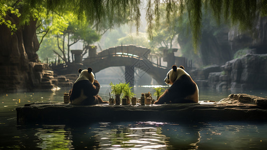 河边的两只大熊猫背景图片