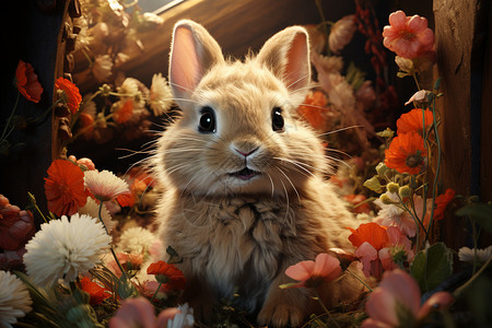 兔儿坐在鲜花中图片