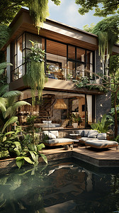 花园水池带游泳池的豪华别墅建筑设计图片