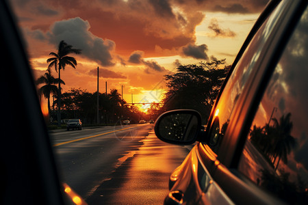 夕阳透过车窗图片
