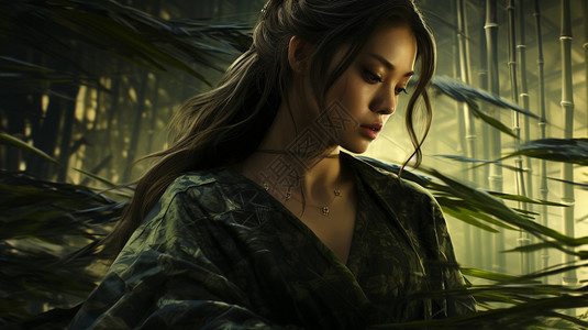 竹林中的唯美女子背景图片