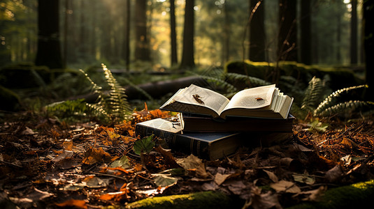 夏季三维场景森林中翻开书籍的场景背景