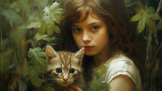 绘画风格的女孩和猫咪图片