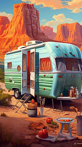 沙漠中露营的房车插图图片