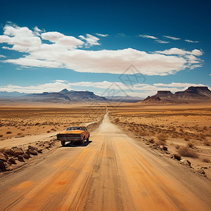 沙漠公路上行驶的汽车背景图片