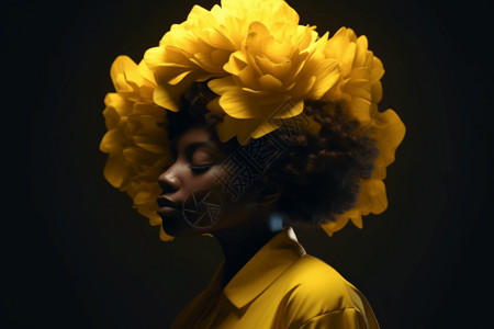 超现实花朵头顶黄色花朵的外国女子背景