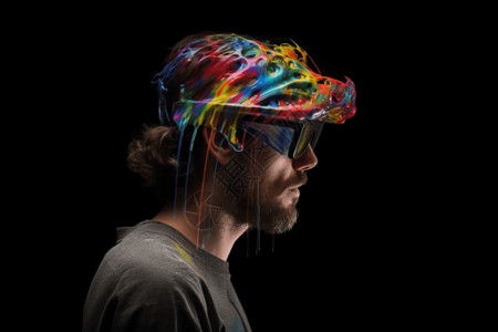 摩托车头带着VR眼镜进行虚拟绘画设计图片
