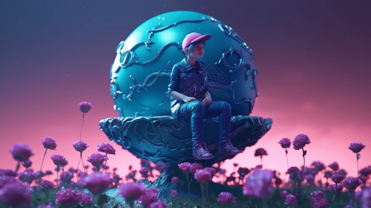 创意小王子坐在玫瑰行星插图图片