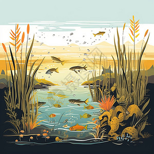 鱼虾蟹池塘里的鱼虾插画