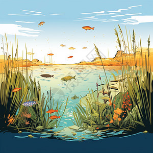 鱼虾蟹池塘的插图插画