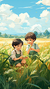 稻卡通稻田里的孩子们插画
