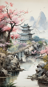 中国庭院的插画图片