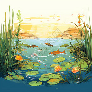 鱼塘的插画背景图片