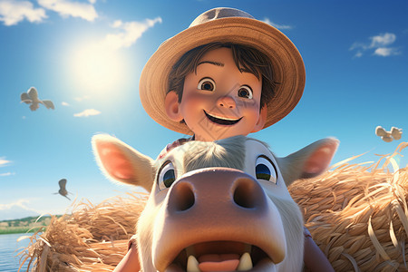 戴太阳帽的男孩一个戴着草帽的男孩骑着一头可爱的牛插画