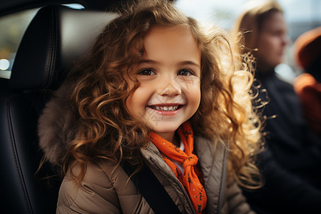 高兴地孩子们孩子们快乐地坐在汽车后座的儿童汽车座椅上背景
