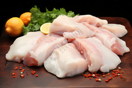 木板上一块块新鲜的鱼肉图片