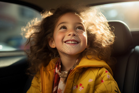 女孩坐在车内高兴的表情图片