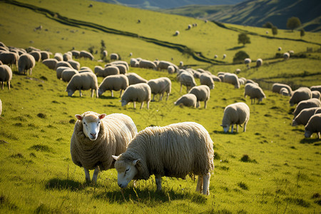 一群羊在草地上吃草图片