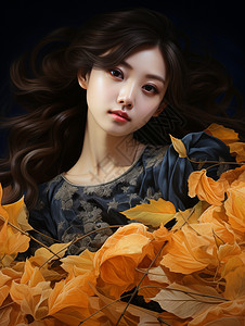 沉浸在浅橙色落叶中的美女背景图片