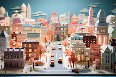 3D剪纸艺术城市景观，背景图片