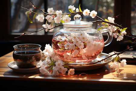 花瓣装饰的茶桌图片