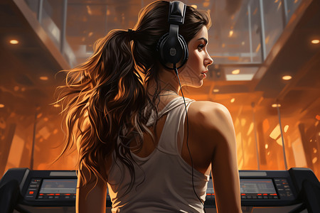 听音乐跑步跑步机上听音乐的女孩插画