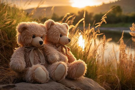 两只泰迪熊在岸边休息图片