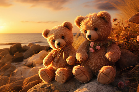 两只泰迪熊在海边休憩图片
