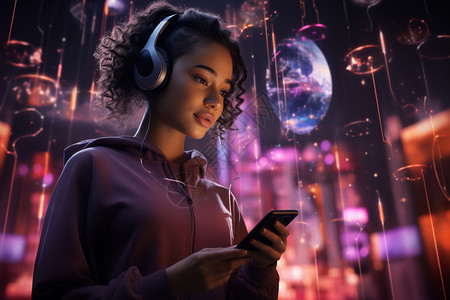 夜间跳舞的女孩夜间城市中的未来虚拟人物插画