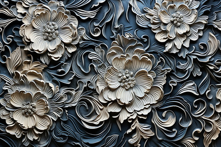 浮雕墙墙壁上的蓝色花朵浮雕插画