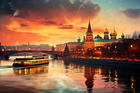 河岸边的俄式古典建筑图片