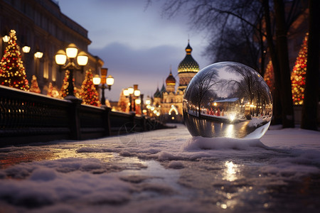 水晶球中的欧式城市建筑背景图片