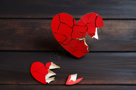红色心形装饰木桌上破碎的心形装饰品背景