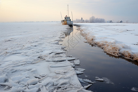 冬季结冰湖面上的渔船图片