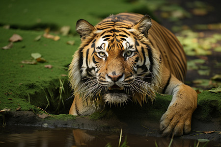 沼泽中的野生老虎图片