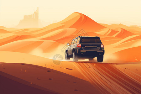 黑色商务车商务车在沙漠行驶插画