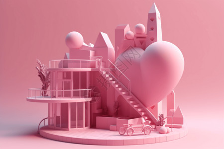 3d房子素材粉色爱心城堡玩具背景
