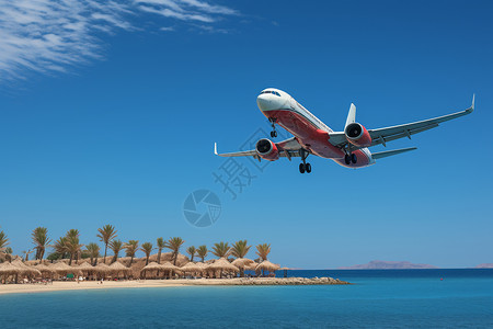 海岛上飞行的飞机高清图片