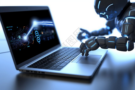 智能机器人使用笔记本电脑在桌子上工作设计图片