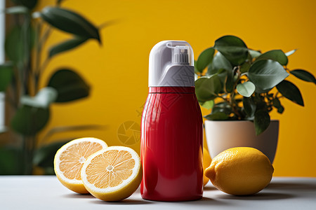 清新剂柠檬与红瓶旁的一盆植物背景