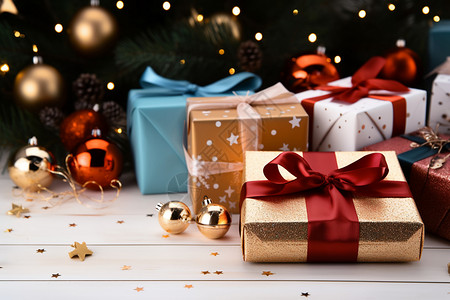 圣诞节礼物堆在圣诞树旁边背景图片