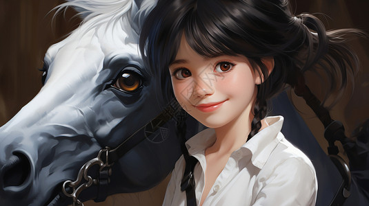 微笑牵着马的女孩背景图片