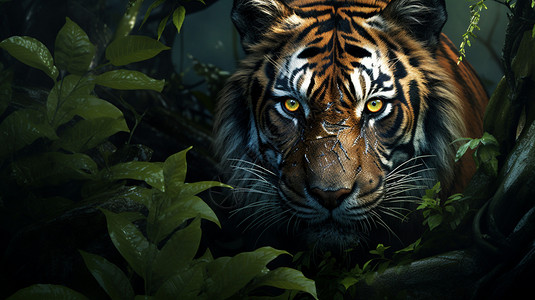 躲藏在丛林里的老虎高清图片