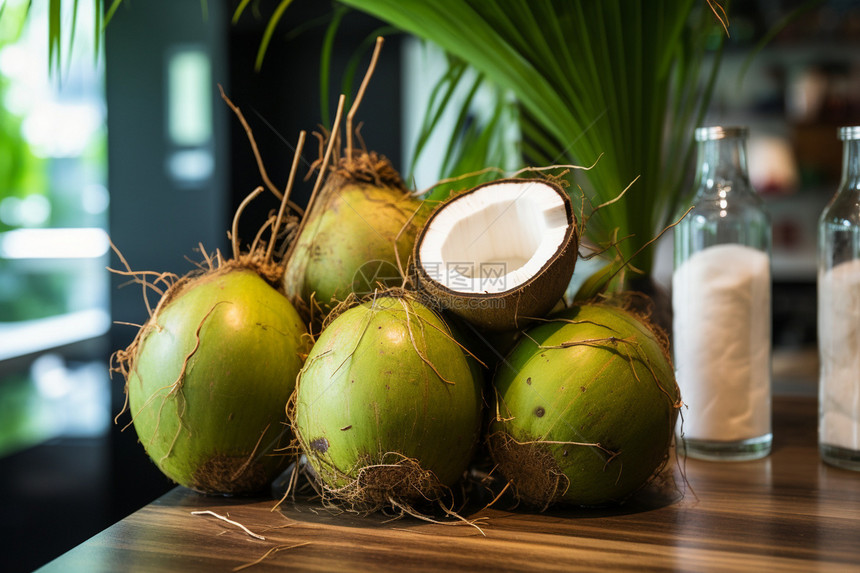 桌子上新鲜采摘的椰子图片