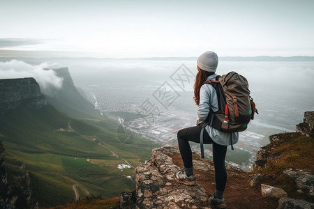 背包的女登山者图片