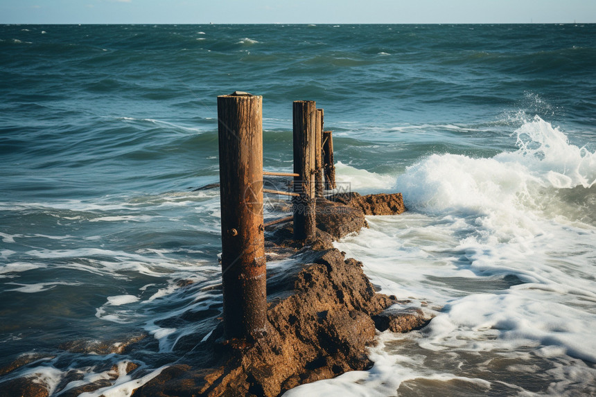 海岸线上的木柱图片