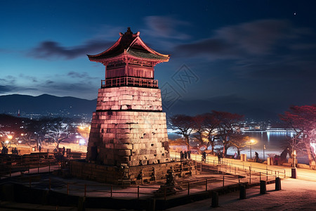 夜晚青山古塔的美丽景观图片